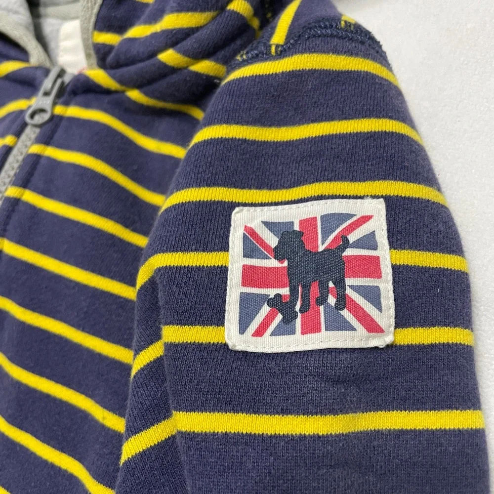 Mini Boden Boys Hoodie Sweatshirt Pullover 5-6Y Striped Fleece Lined Navy Yellow